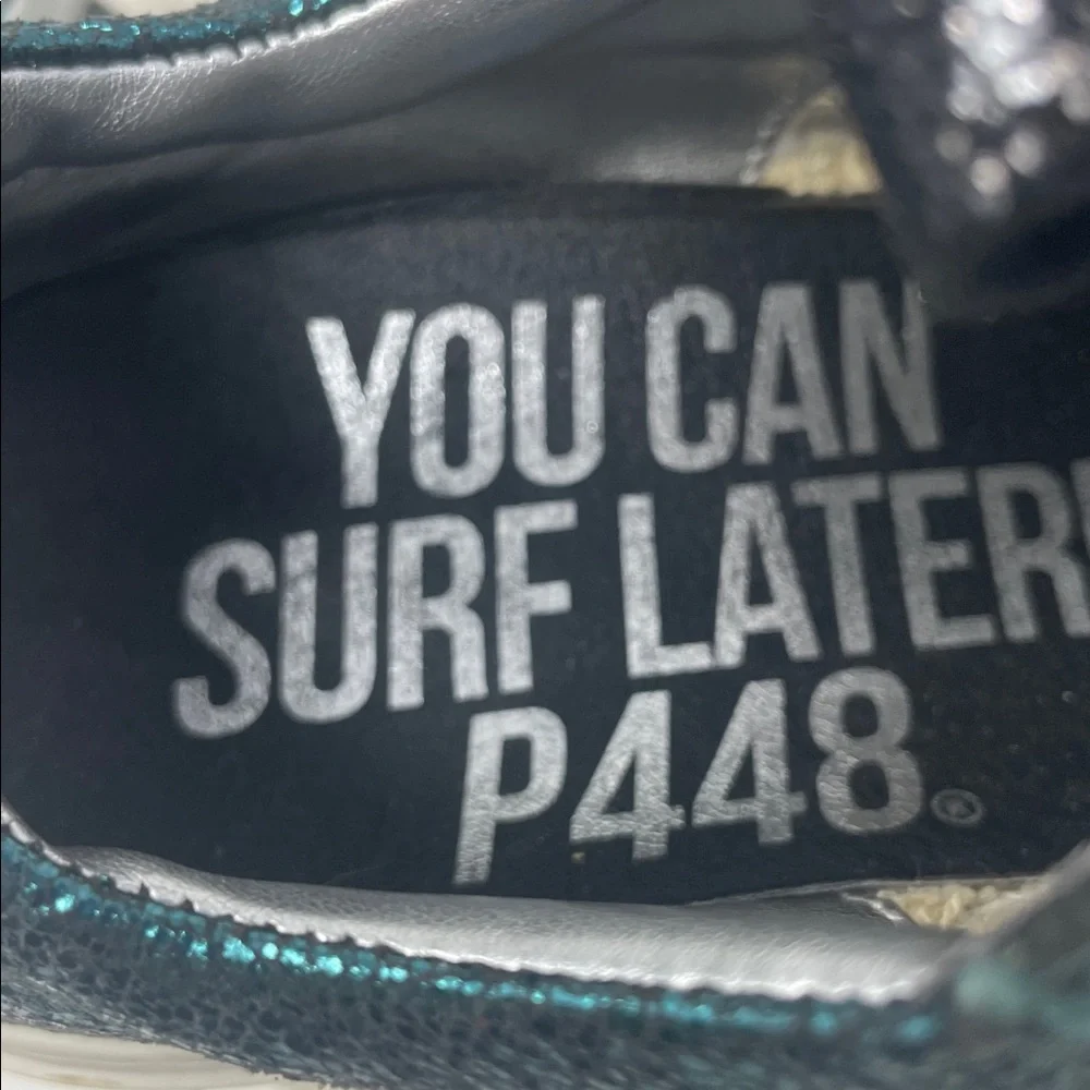 P448 Metallic Teal Snakeskin Accent Lace Sneakers Size 6